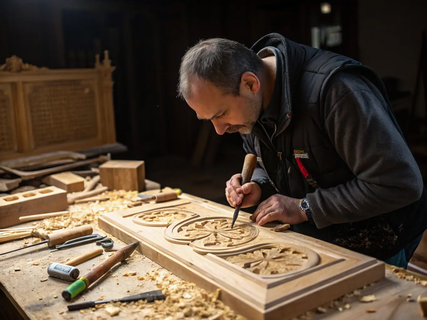 A craftsman meticulously installing a custom-designed wooden door, showcasing the precision and attention to detail that Steve's Carpentry brings to every project.