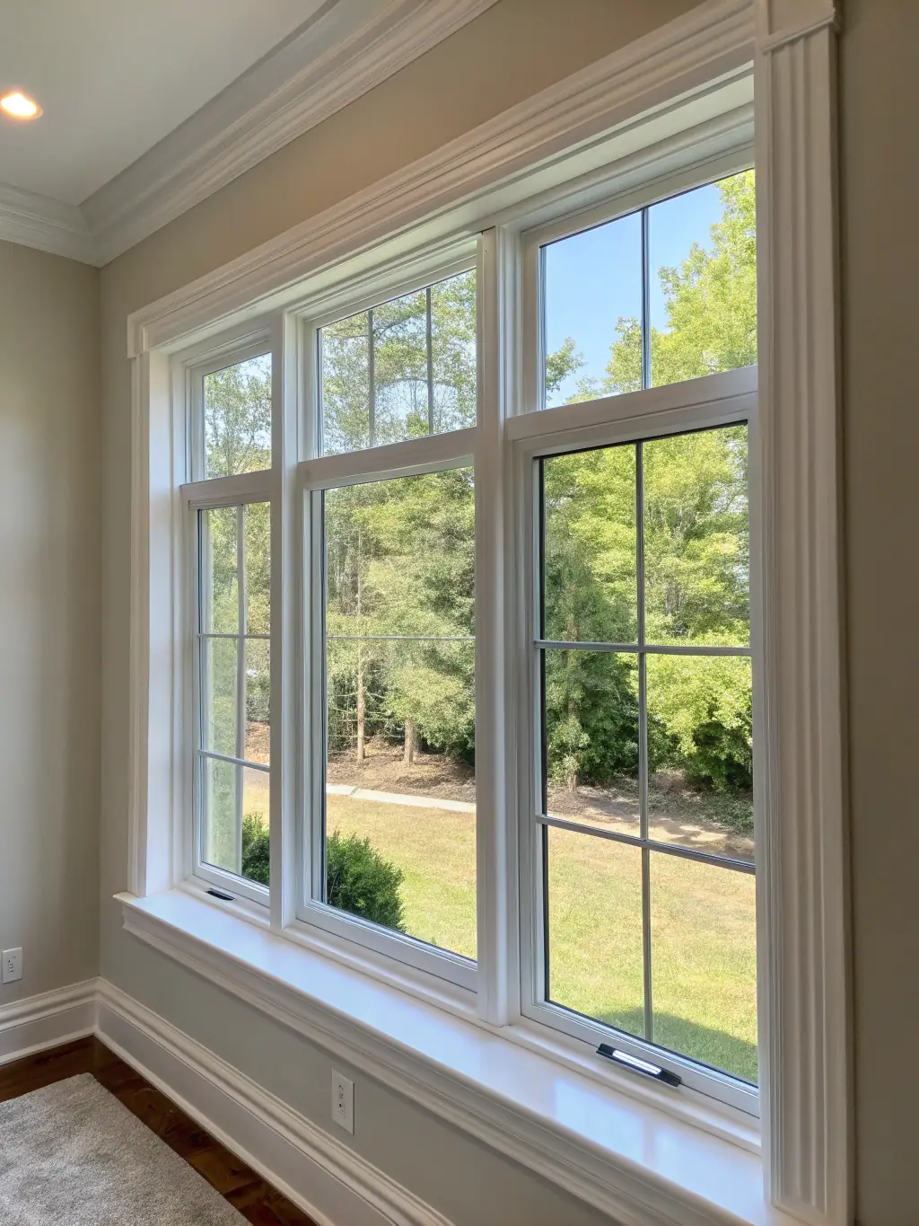 A newly installed energy-efficient window with a clean, modern frame, highlighting Steve's Carpentry's window replacement services.